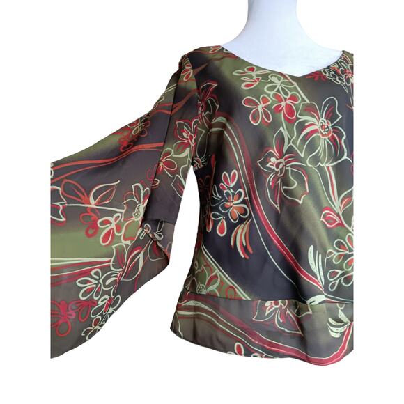 VINTAGE 90s Y2K Boho Blouse Top 14W‎ Artsy Floral Green Brown Orange V-Neck - Picture 1 of 11